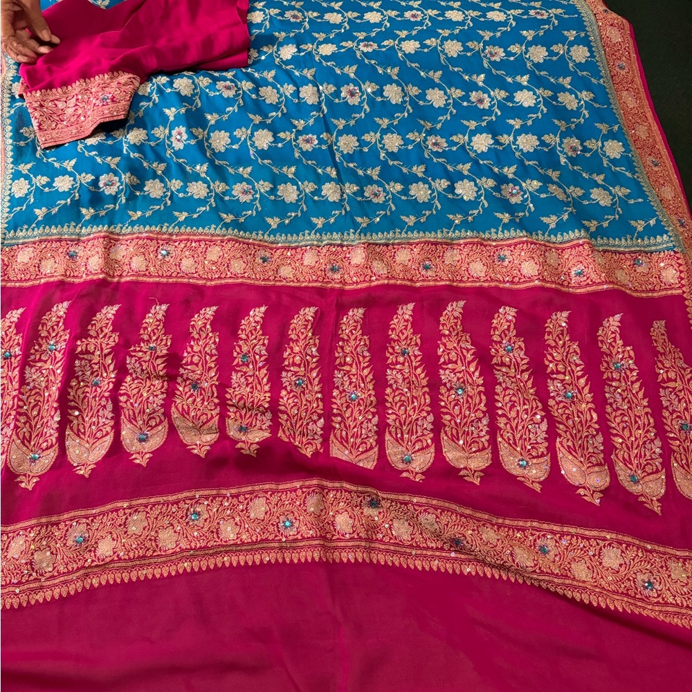 Vibrant Red and Blue Floral Saree